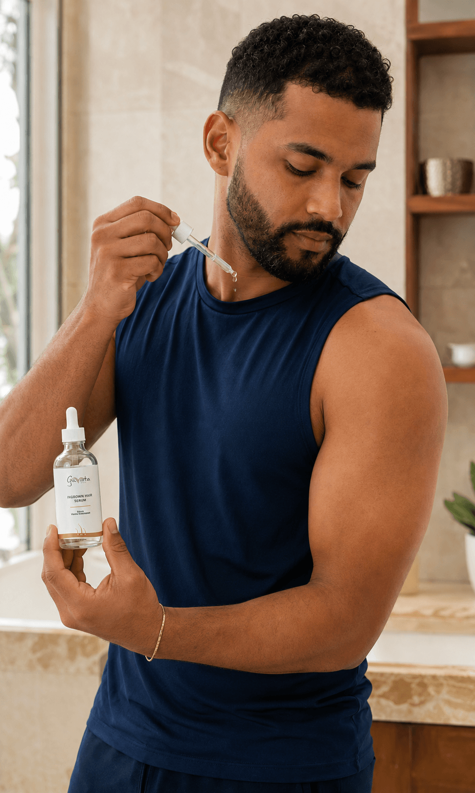 Man applying Gaviota by Lia Ingrown Hair Serum to his shoulder