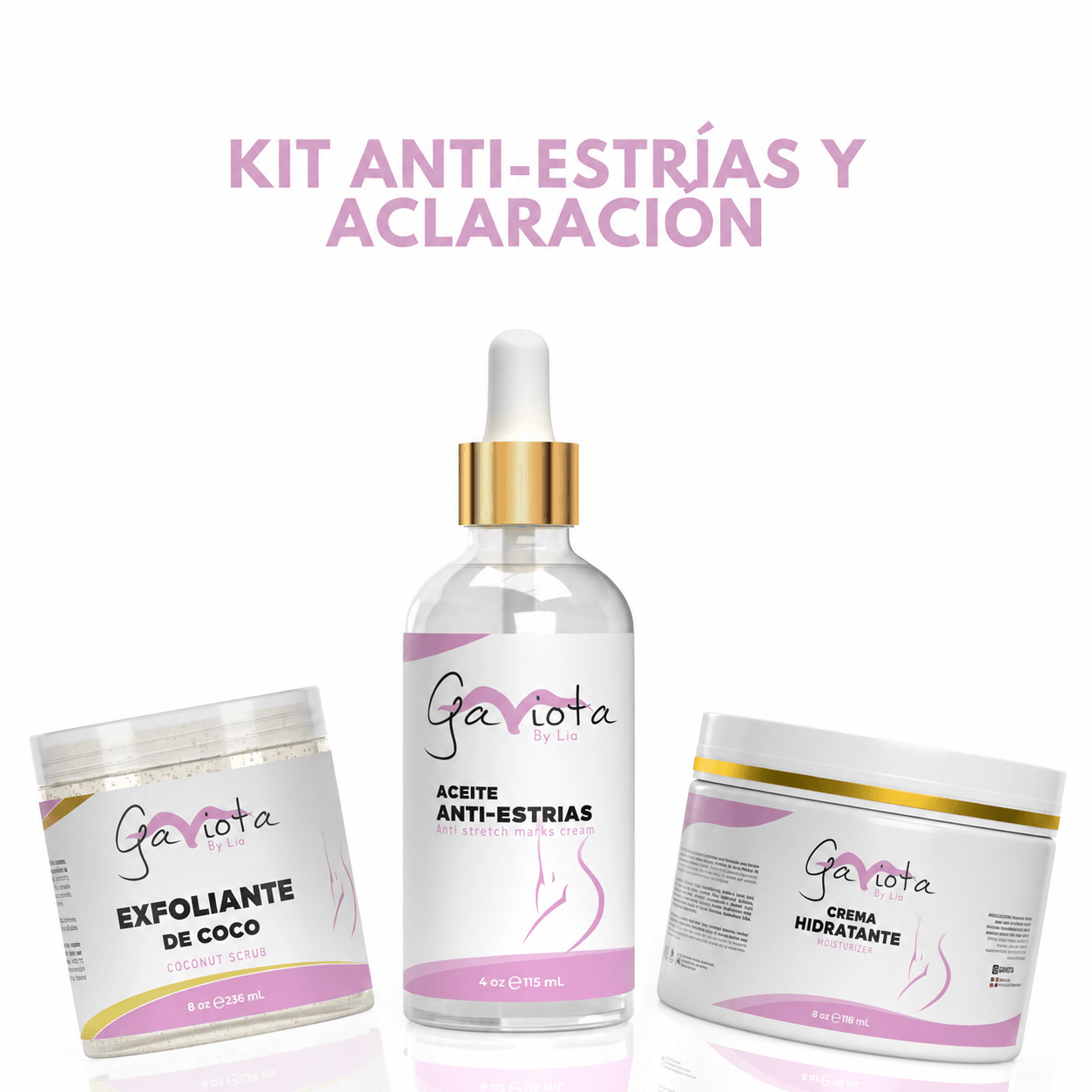 Kit Anti-Estrías y Aclaración Gaviota by Lia: aceite anti-estrías, crema hidratante y exfoliante de coco