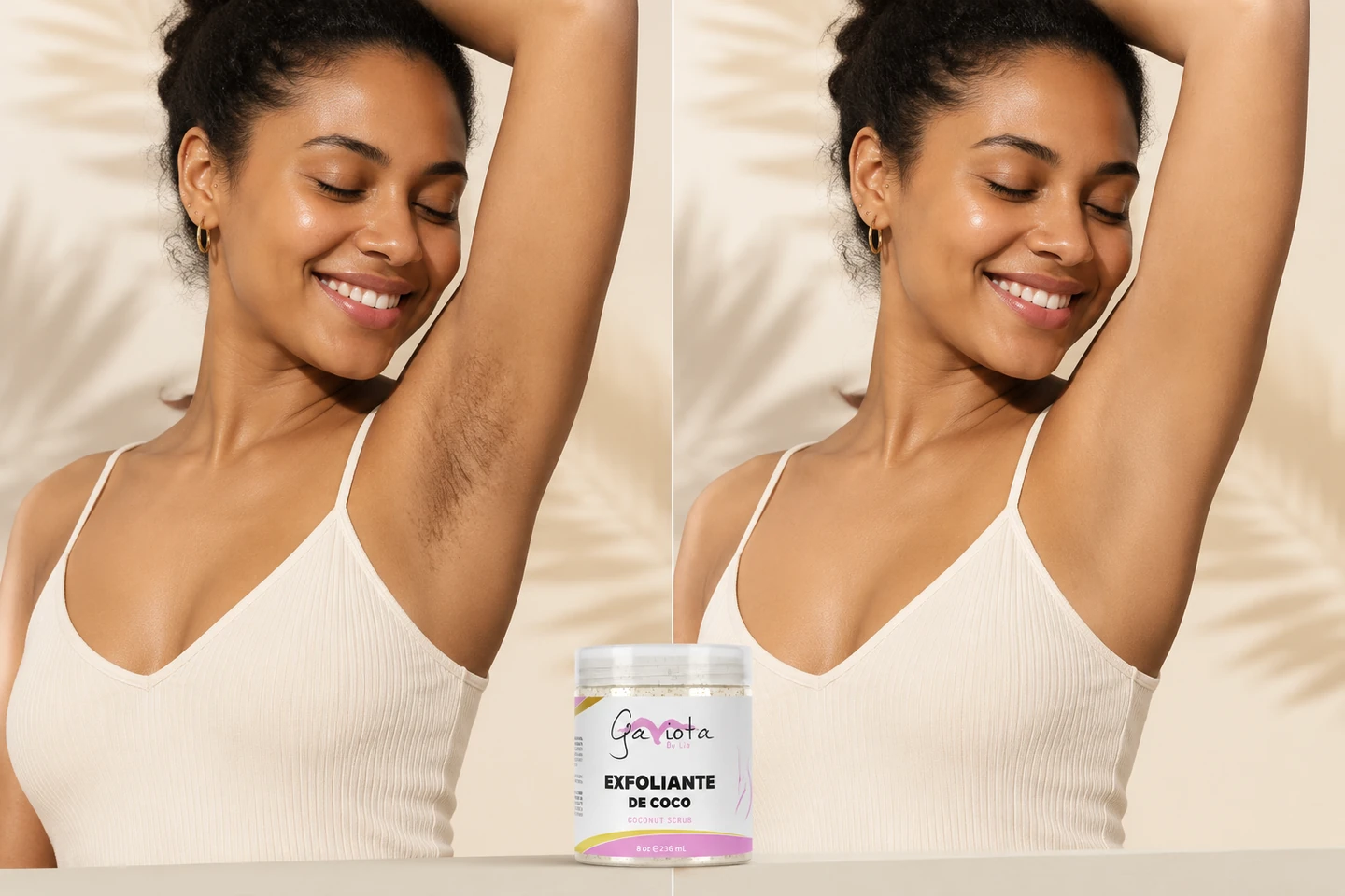 Illustrative side-by-side body-care scene with a woman and Gaviota by Lia Coconut Body Scrub