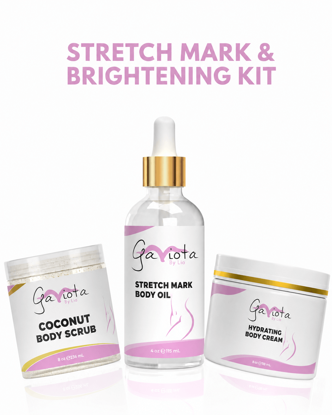 Gaviota by Lia Stretch Mark & Brightening Kit: stretch mark body oil, hydrating body cream and coconut body scrub